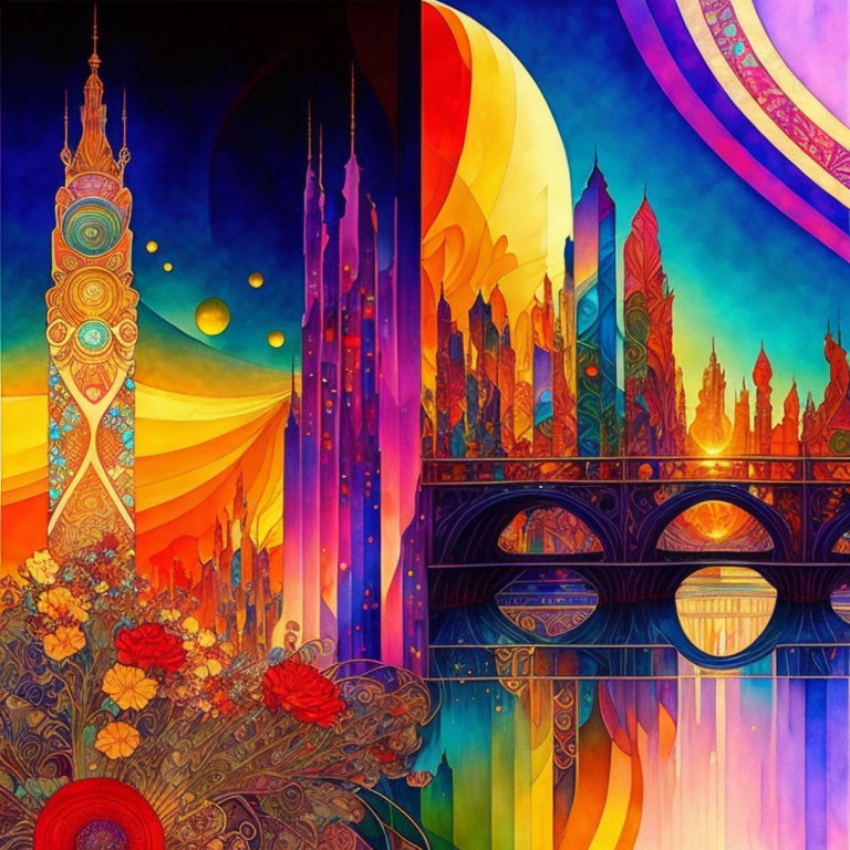 Fantastical cityscape illustration with colorful spires, bridge, and moons