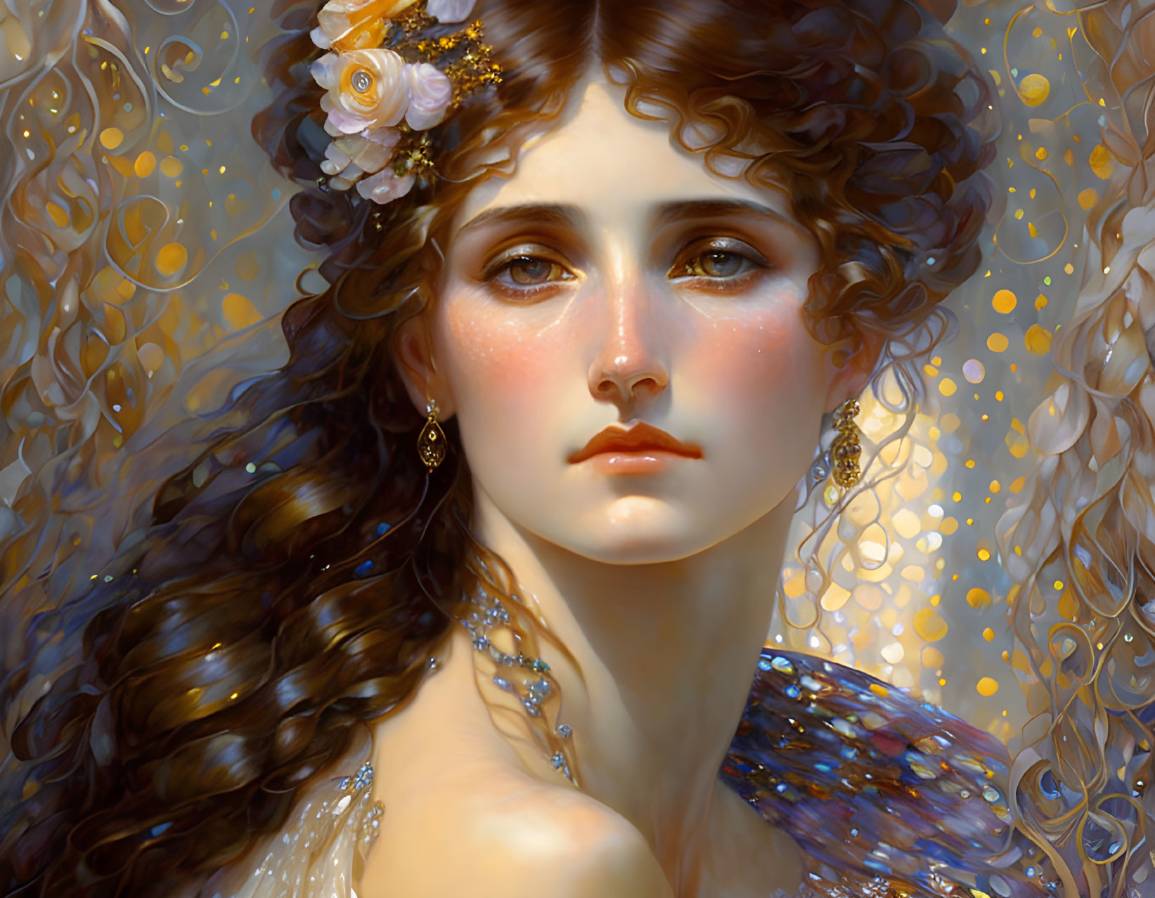 Portrait of Woman with Intricate Jewelry and Curly Hair Adorned with Flowers