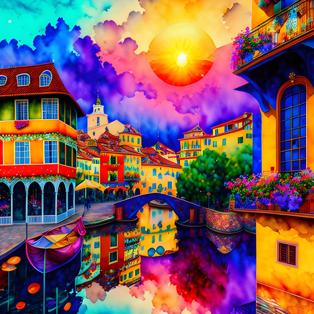 Colorful European-style village by reflective river at sunset