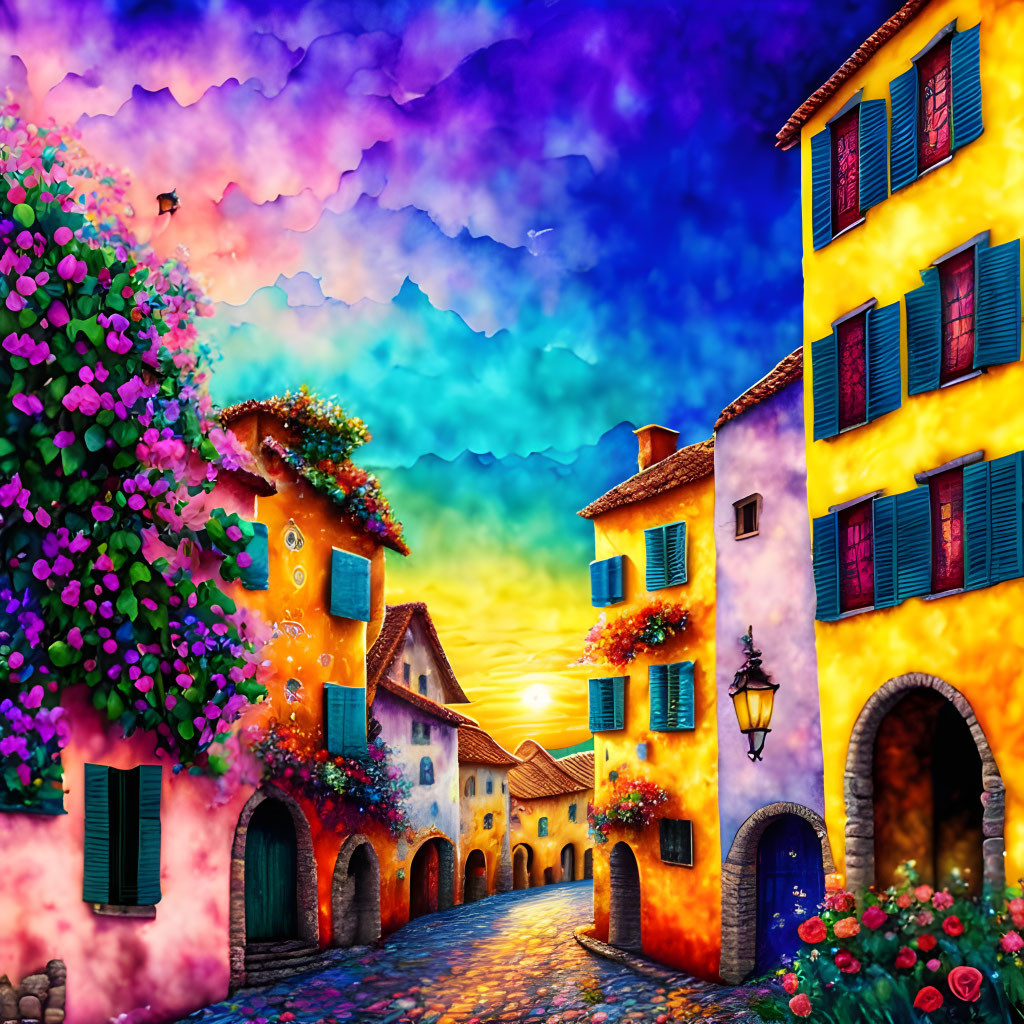 Colorful Sunset Scene: European Cobblestone Street with Floral-Adorned Houses