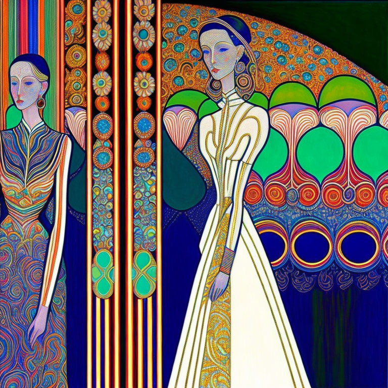 Elongated figures with intricate patterns in vibrant Art Nouveau setting