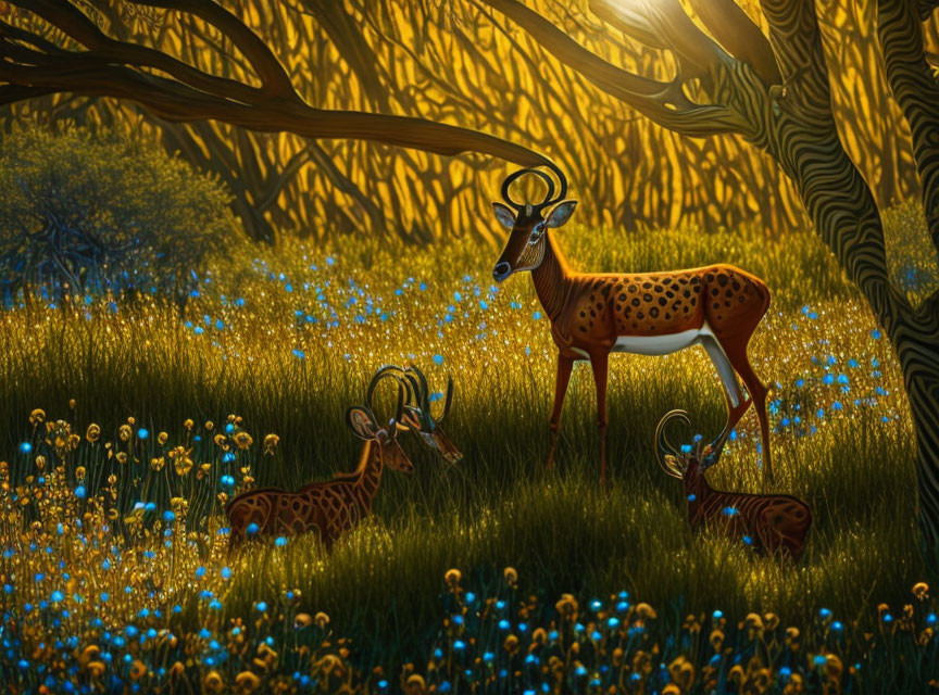 Mystical forest scene with three antelopes amid vibrant flora