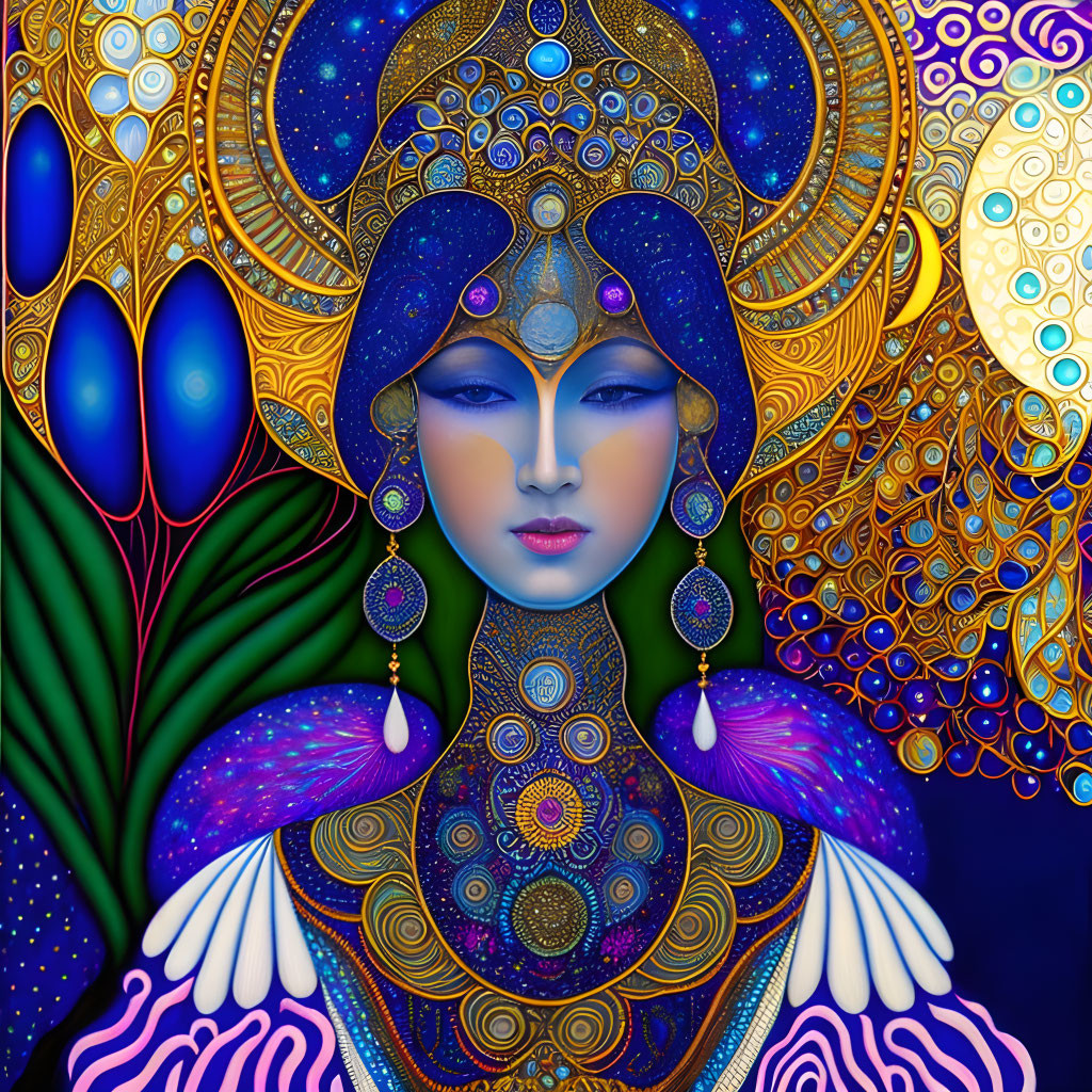 Colorful digital artwork: Stylized woman with ornate headdress and jewelry against intricate background