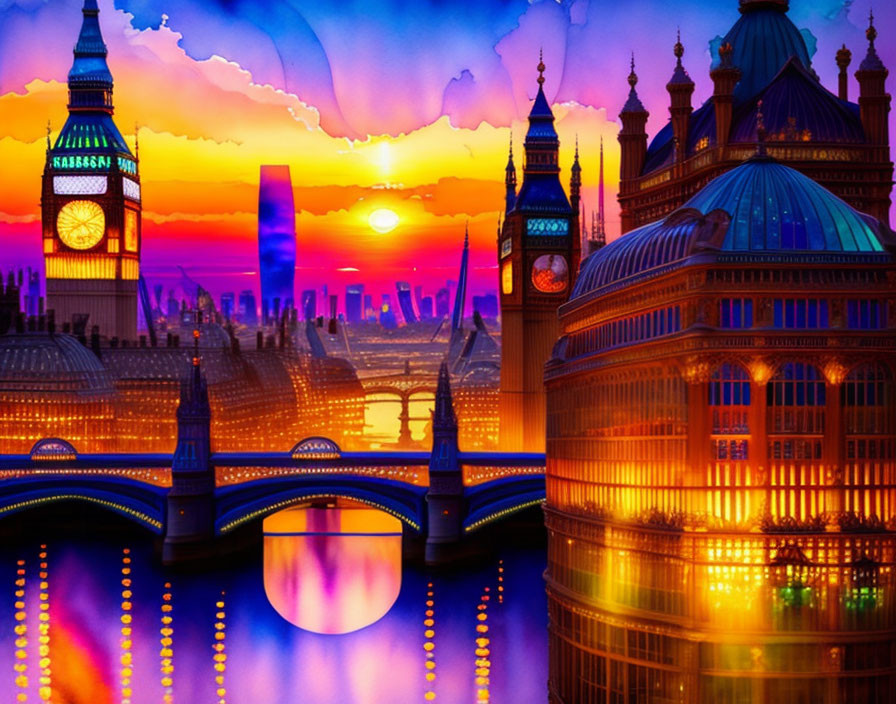 London skyline with Big Ben and Westminster in vibrant, surreal colors