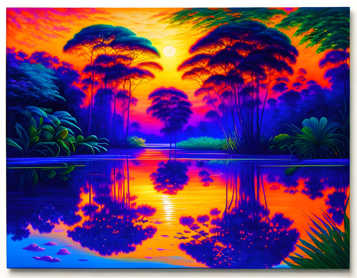 Colorful Tropical Sunset Landscape with Water Reflections