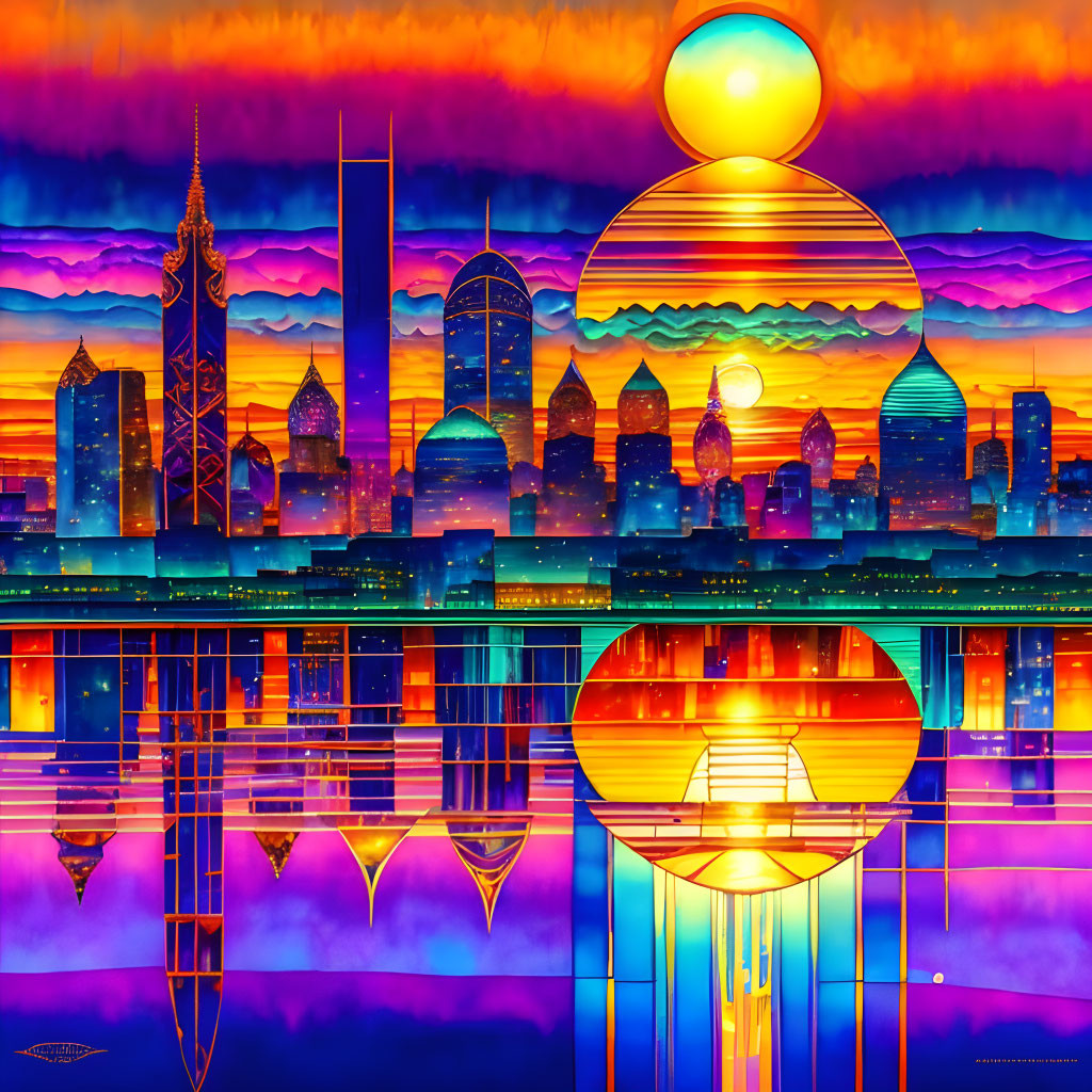 Colorful surreal cityscape with mirrored skyscrapers and sunset sky.