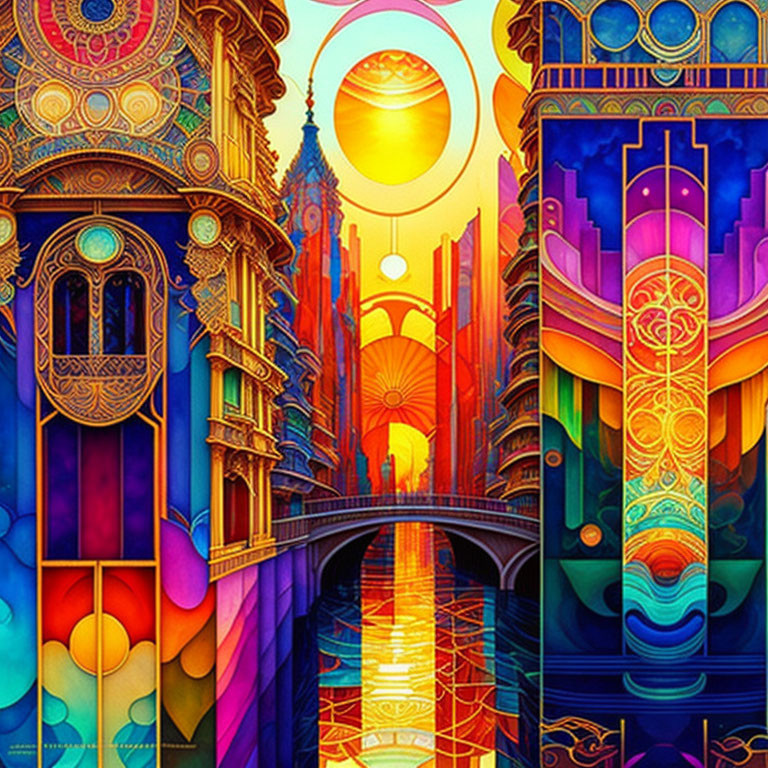 Colorful Art Nouveau cityscape with multiple suns reflected in waterway