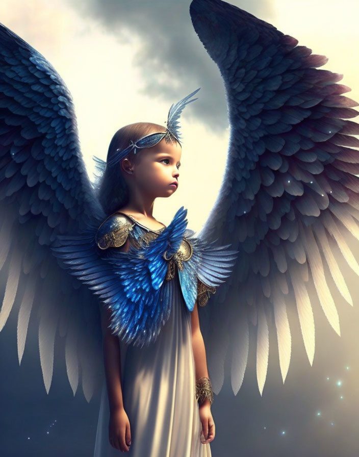 Child with Detailed Blue Wings and Feathered Headpiece in Angelic Glow