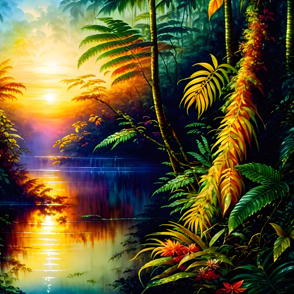 Tropical jungle scene with lush greenery, colorful flowers, and serene river at sunset