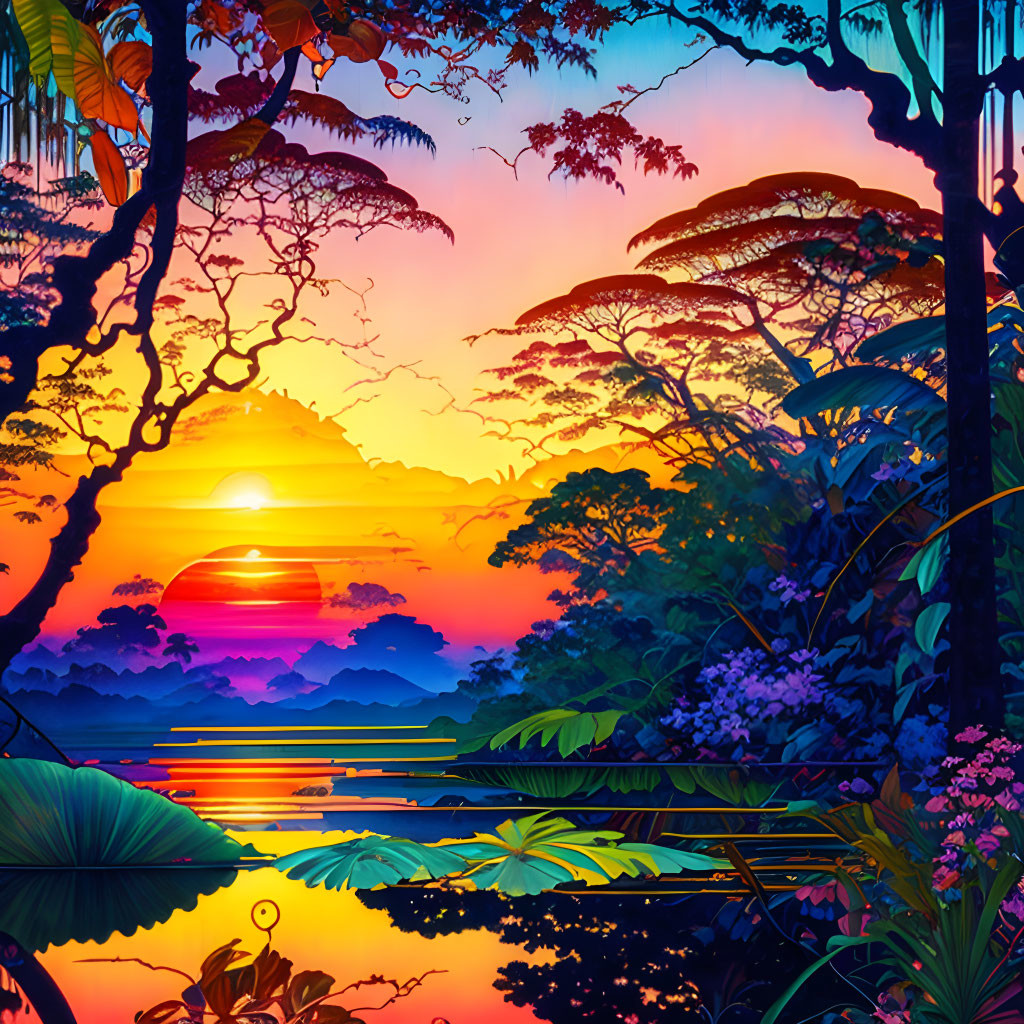 Colorful sunset over calm river in lush jungle with silhouetted trees and flowering plants