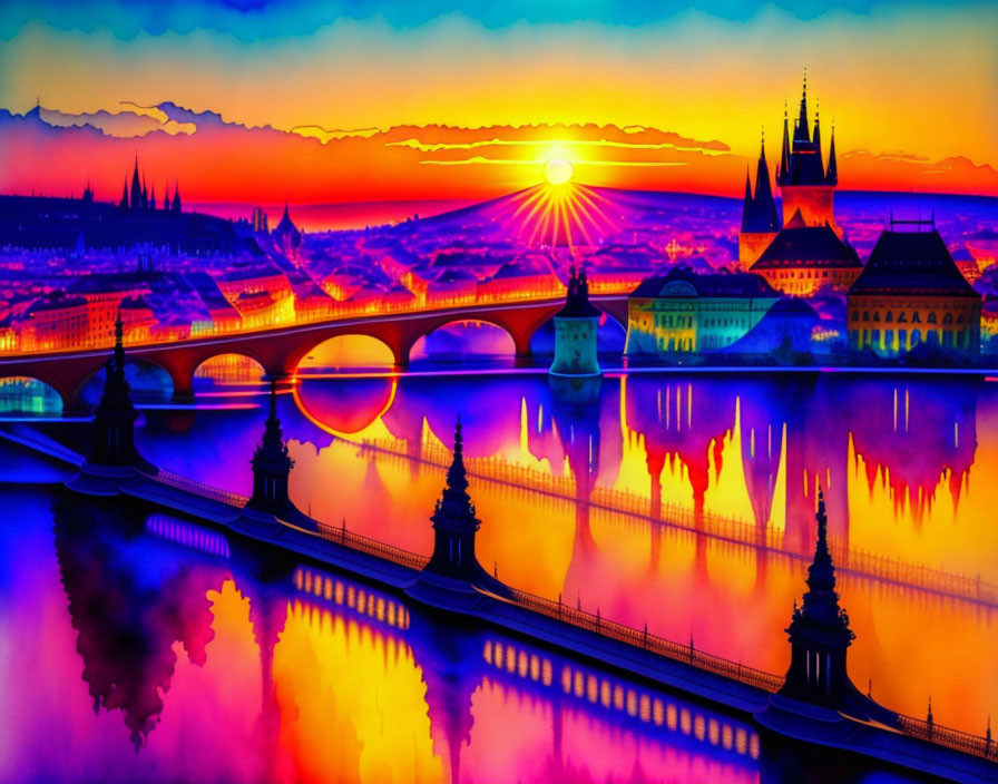 Colorful cityscape with bridge at sunset over river and fiery sky.