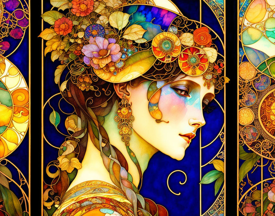 Art Nouveau-style woman illustration with ornate headgear and floral patterns