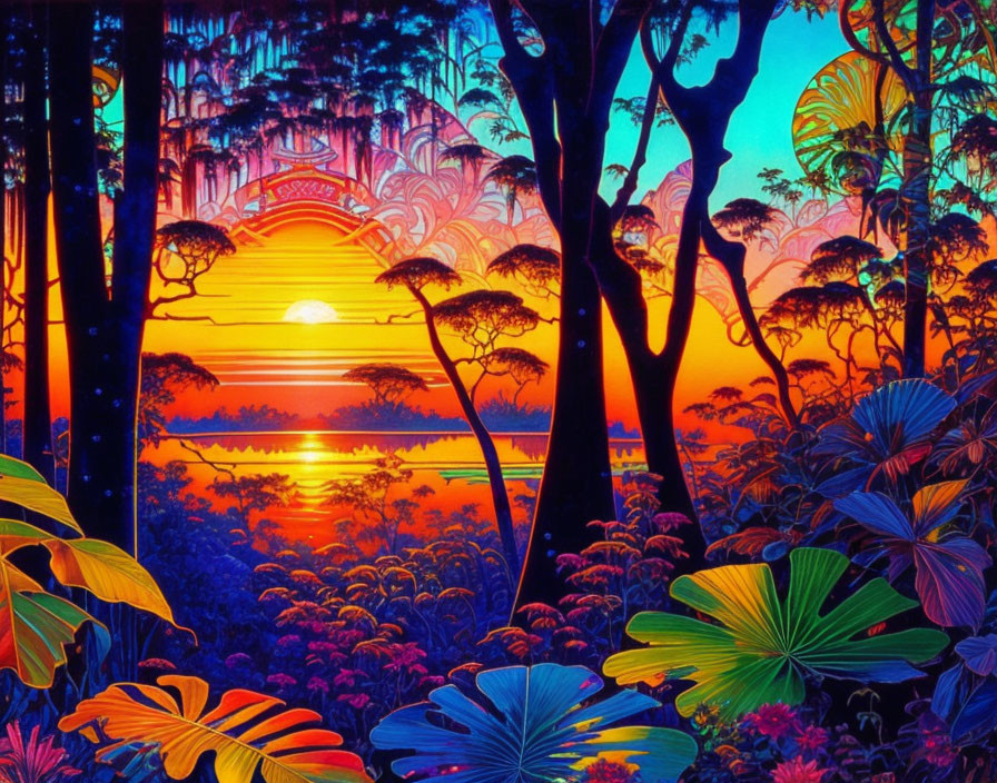 Colorful Tropical Forest Sunset with Large Leaves and Water Background