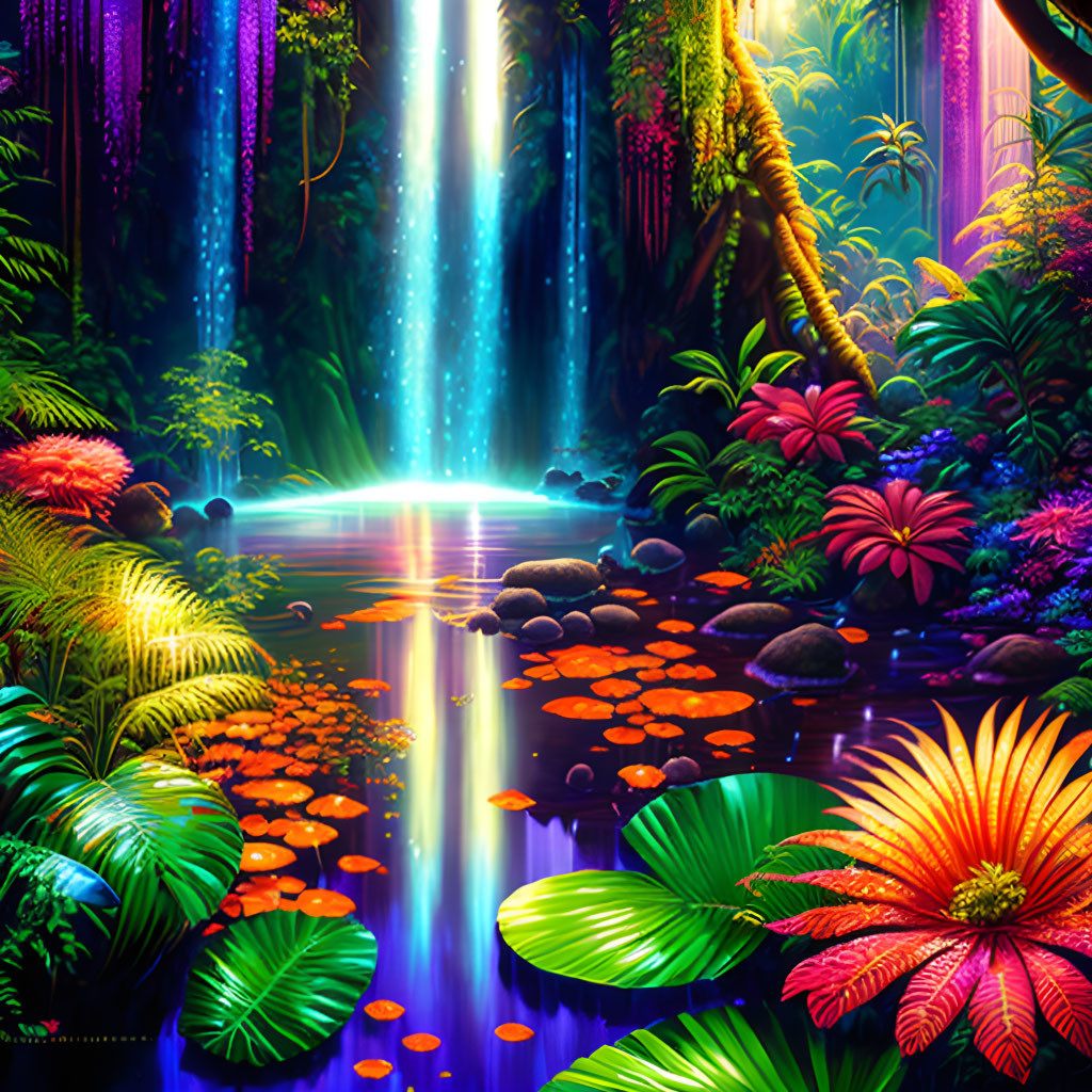 Enchanted forest digital artwork with radiant river and lush flora