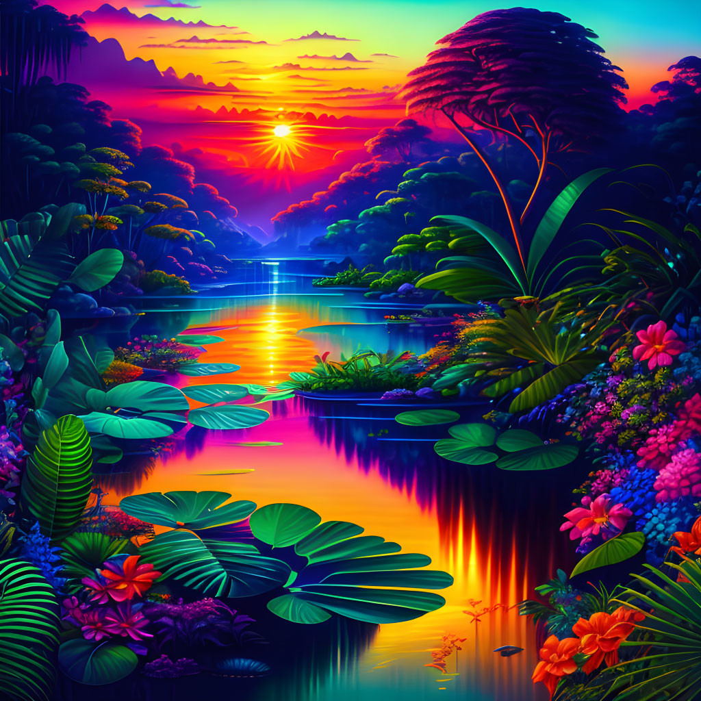 Tropical sunset digital art with lush vegetation and water reflection