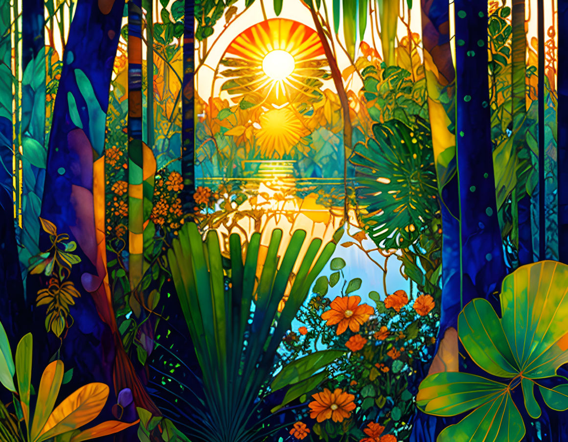 Sunlit forest and lake scene with vibrant colors and intricate patterns