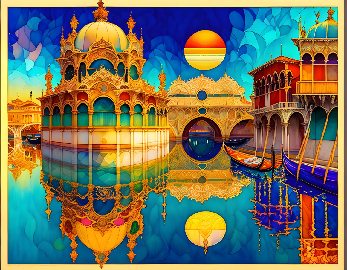 Surreal Venice-like architecture art with sunset reflections