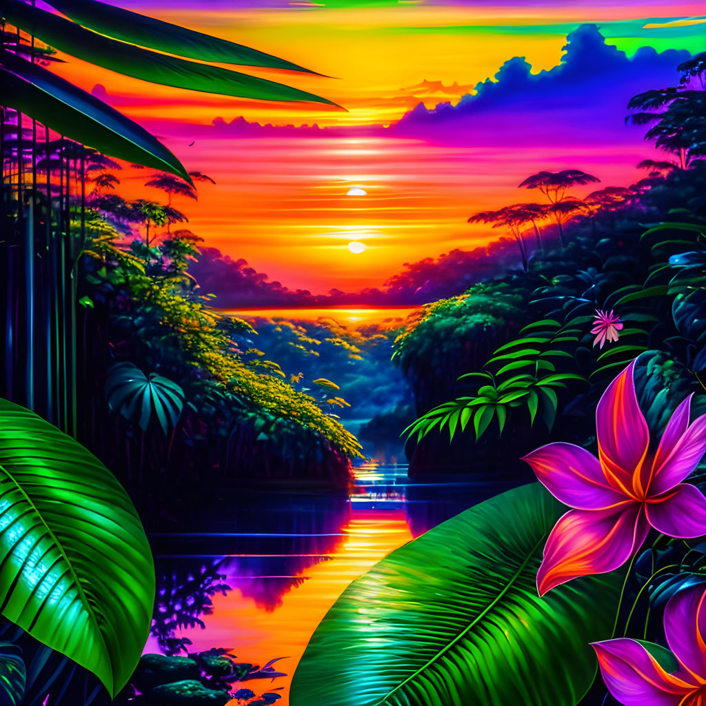 Tropical sunset digital artwork with vivid colors and lush scenery