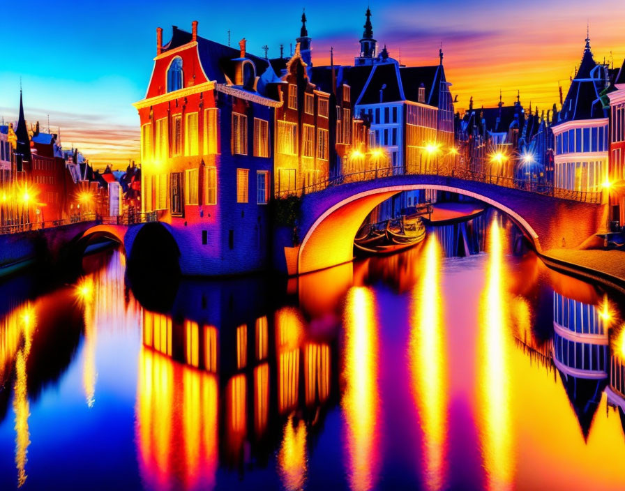 Dutch canal at twilight with traditional buildings and bridge