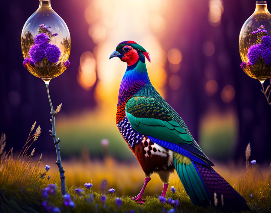 Colorful pheasant in grassy field with floating glass bulbs at sunset