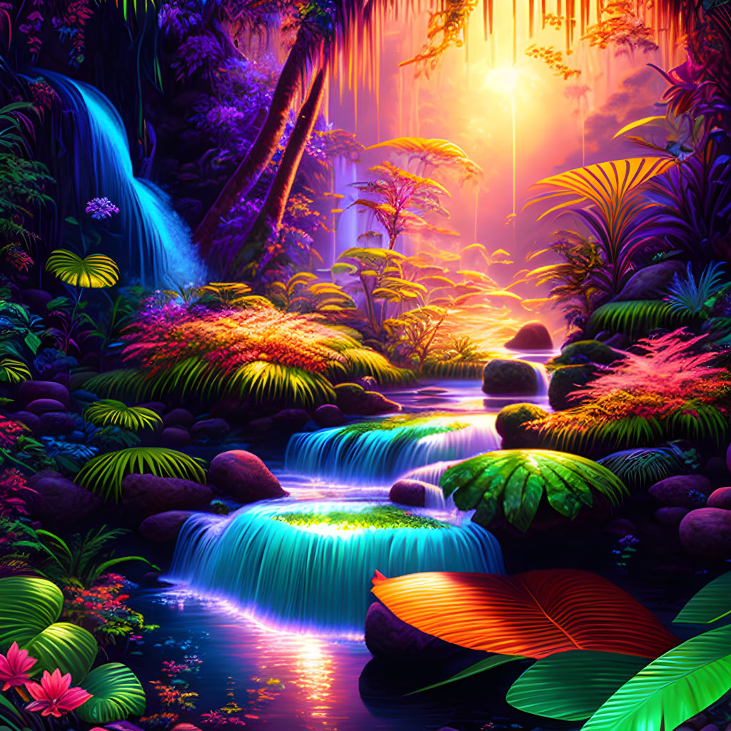 Mystical jungle illustration with lush foliage and waterfalls