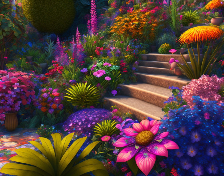 Enchanted garden with stone stairway and colorful flora