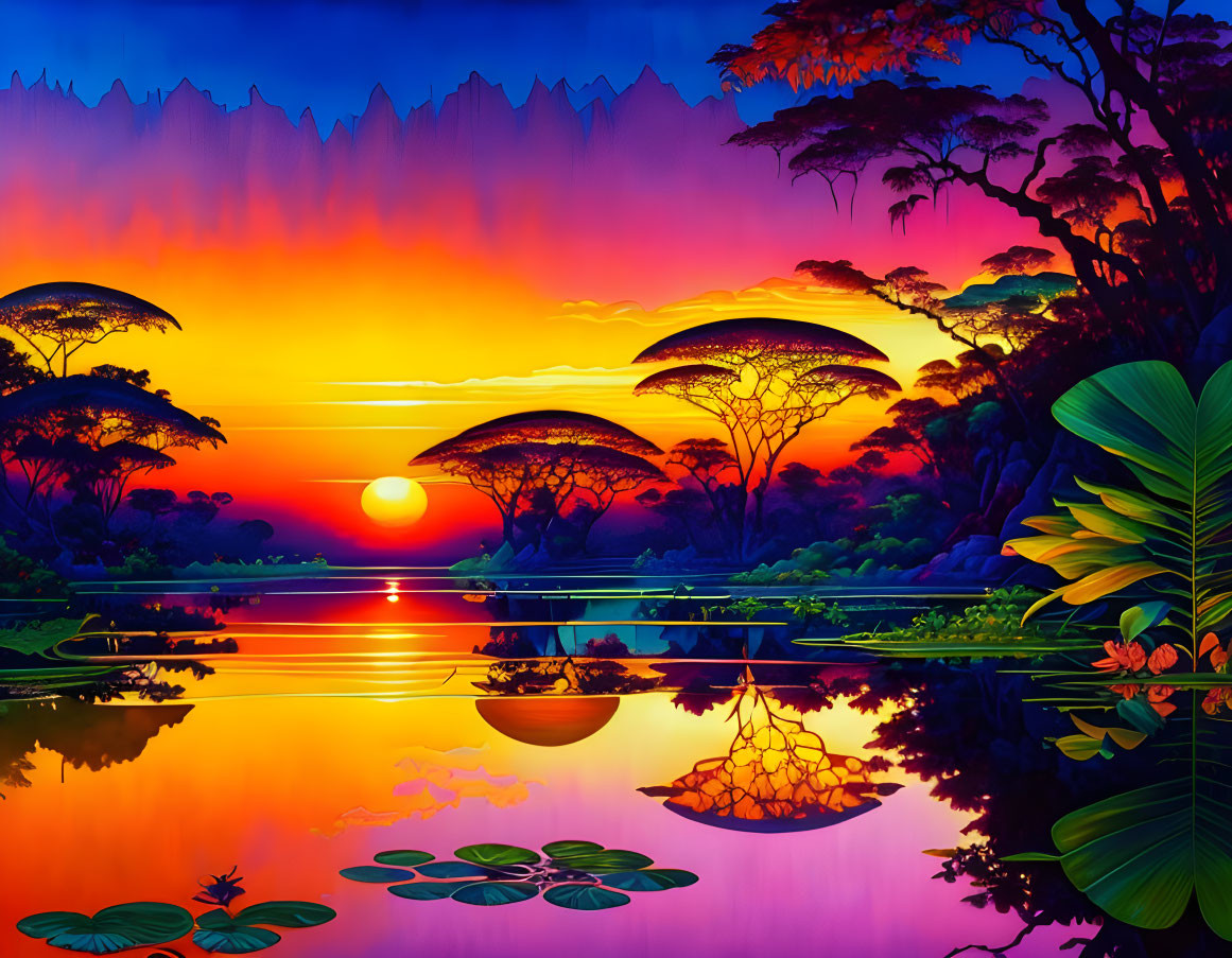 Vibrant digital art: Tropical sunset with colorful reflections, tree silhouettes, mountain backdrop