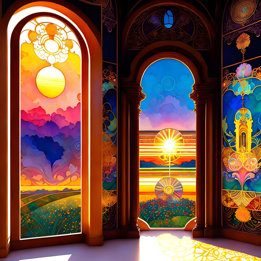 Colorful Sunset and Floral Stained Glass Windows in Ornate Corridor