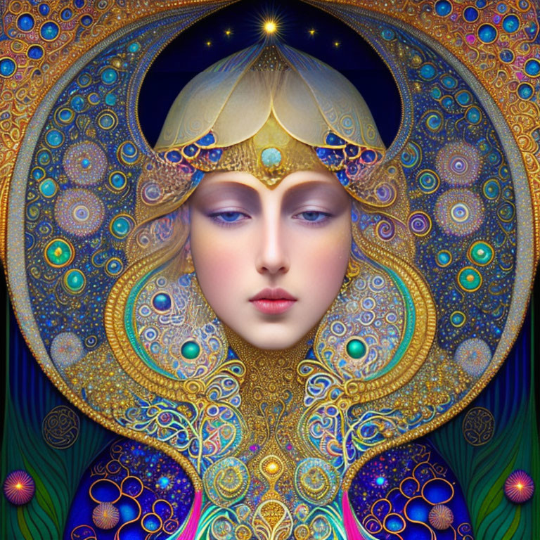 Ethereal female figure with golden headwear and peacock feather halo