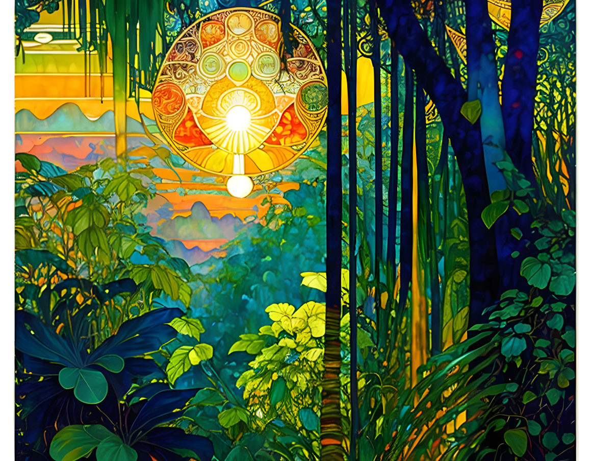 Colorful stained glass window featuring sun motif and forest scene