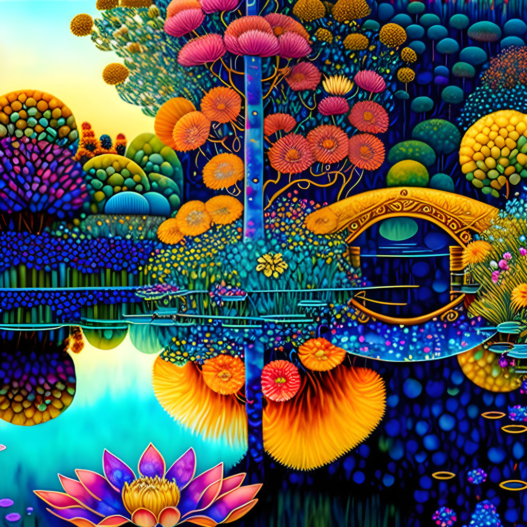 Colorful landscape with fantastical tree, diverse foliage, reflective water, whimsical bridge