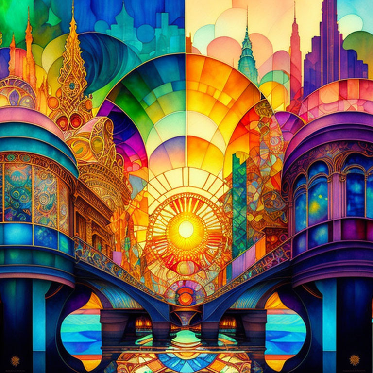 Symmetrical design with colorful buildings, rainbow archway, sun motif, and water reflection.