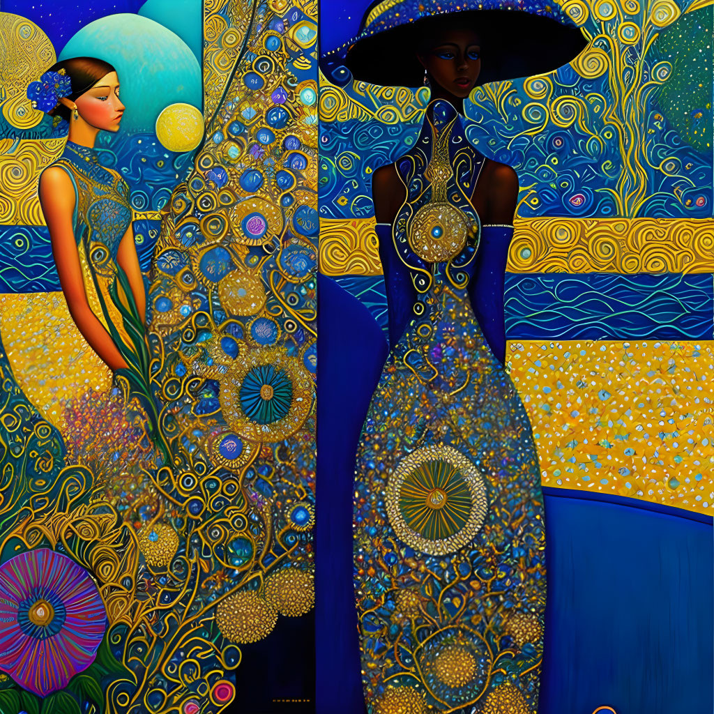 Stylized paintings of women with elongated silhouettes and bold colors against moon and stars.