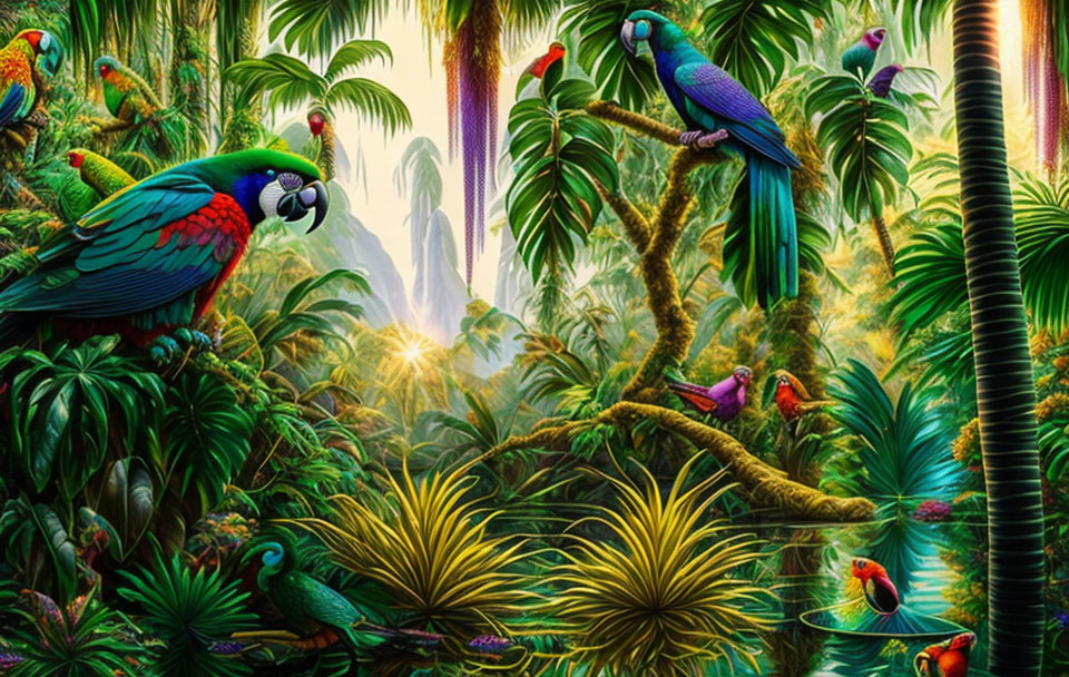 Colorful Parrots in Vibrant Jungle Setting