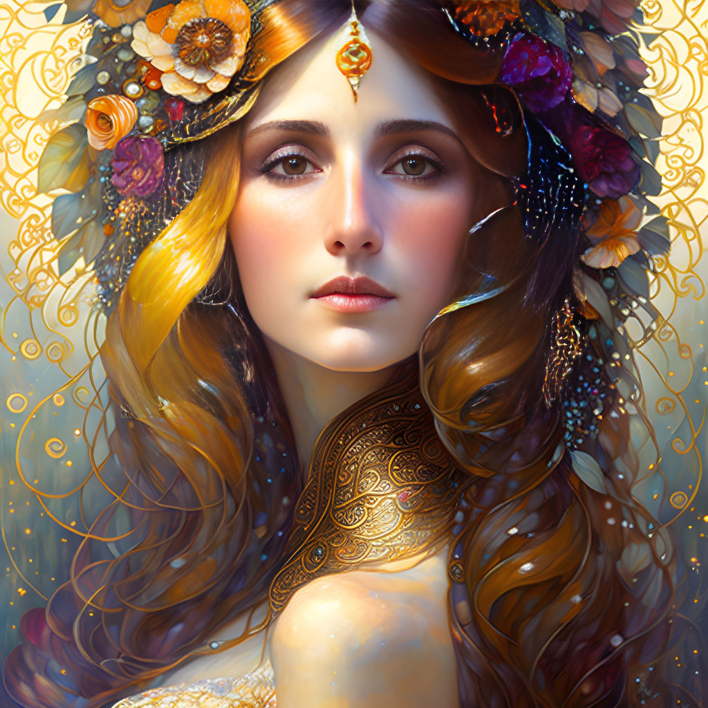 Illustration of Woman with Floral Crown & Gold Jewelry