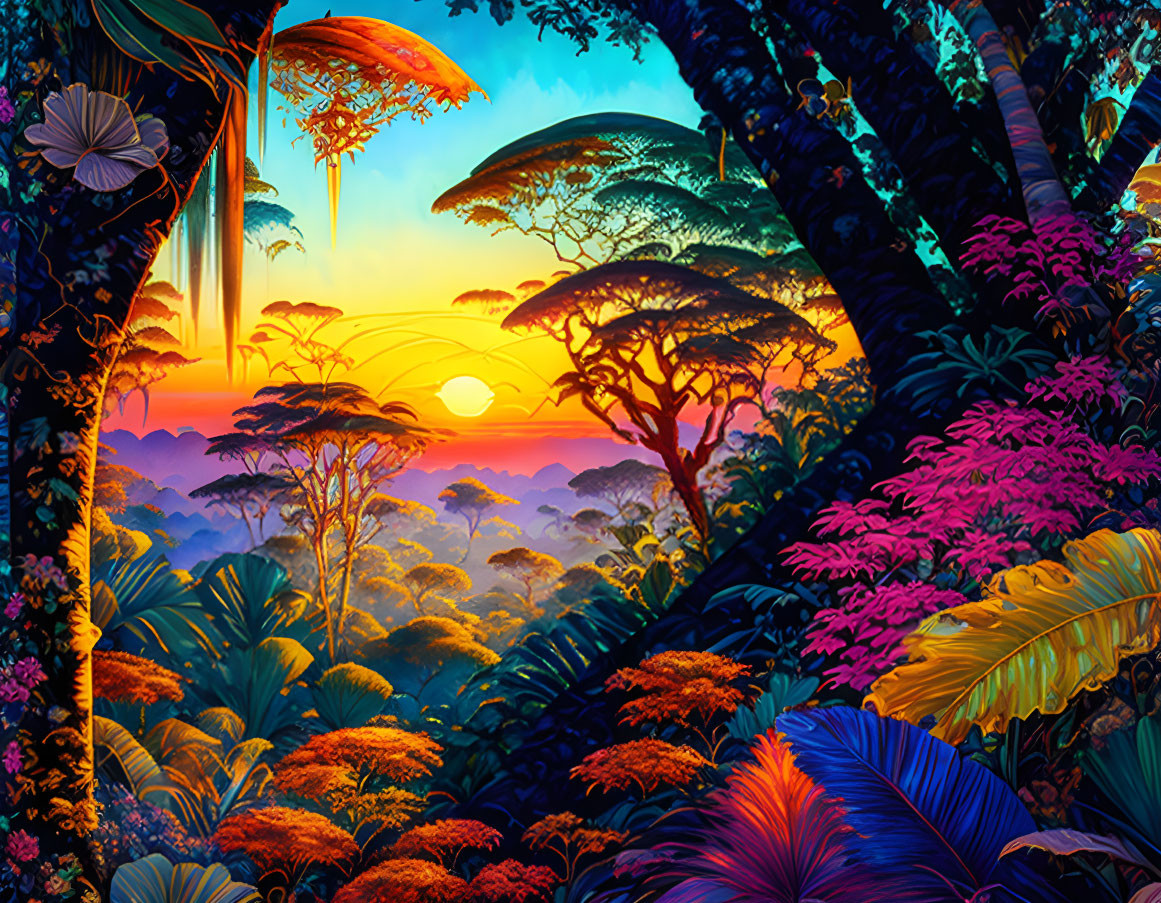 Colorful jungle scene at sunset with purple, orange, and blue hues