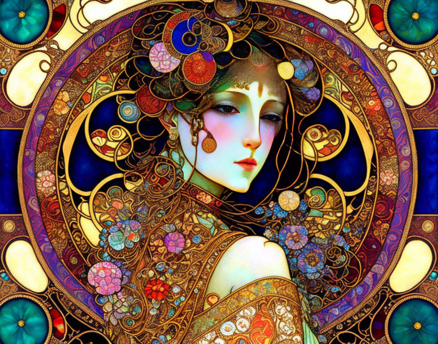 Ornate Art Nouveau Woman Illustration with Floral Patterns