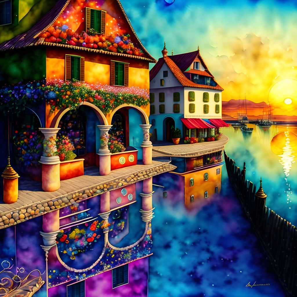 Vivid Sunset Waterfront with Colorful Houses and Tranquil Sea