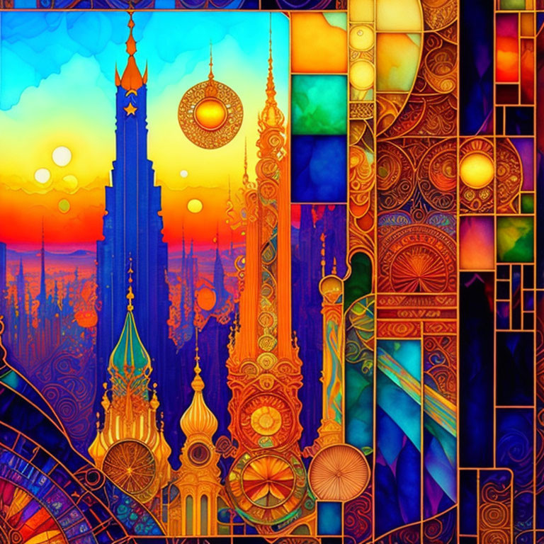 Colorful stained-glass style image with intricate patterns and architectural elements.