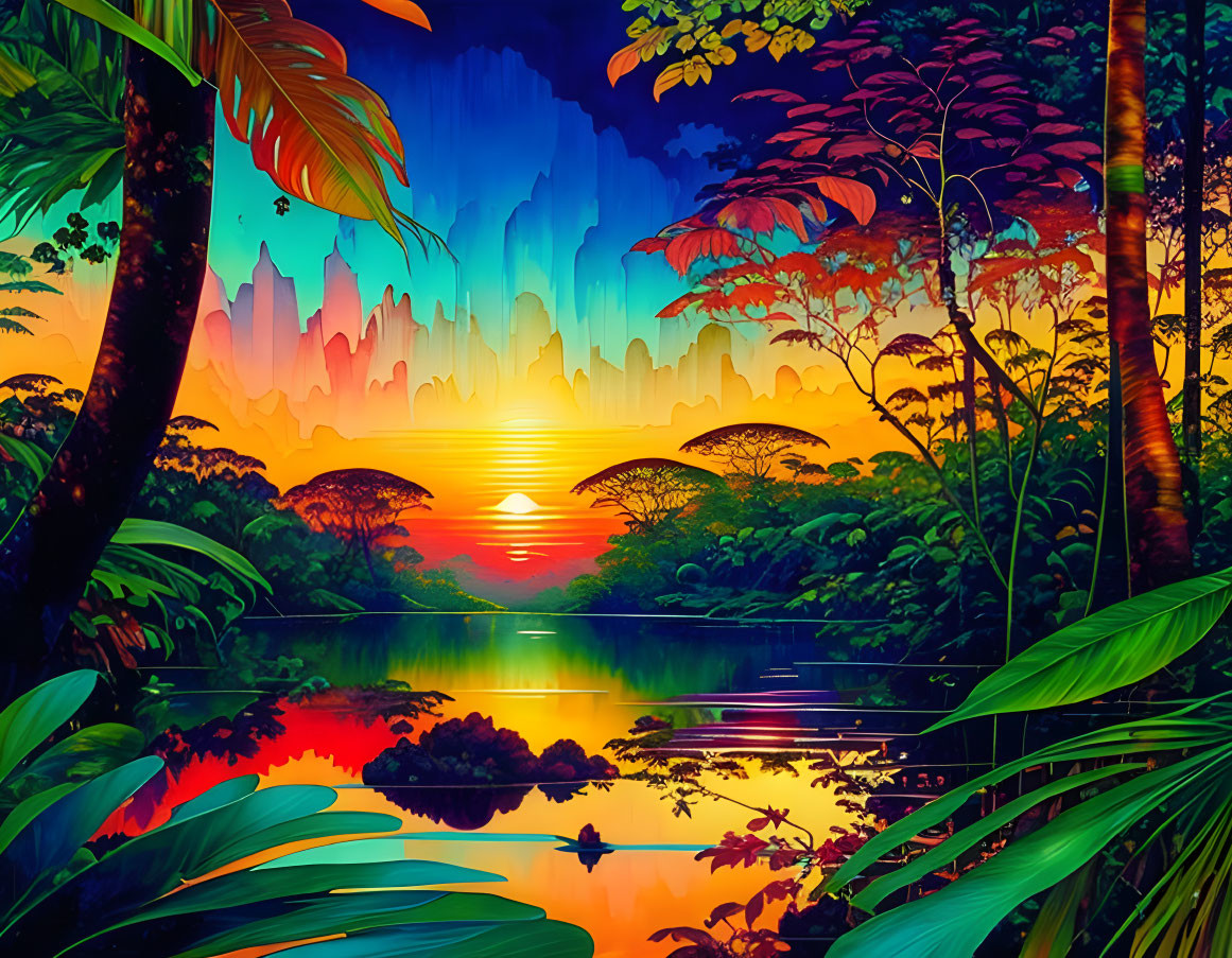 Vibrant tropical forest and lake at sunset with colorful sky and silhouetted cliffs