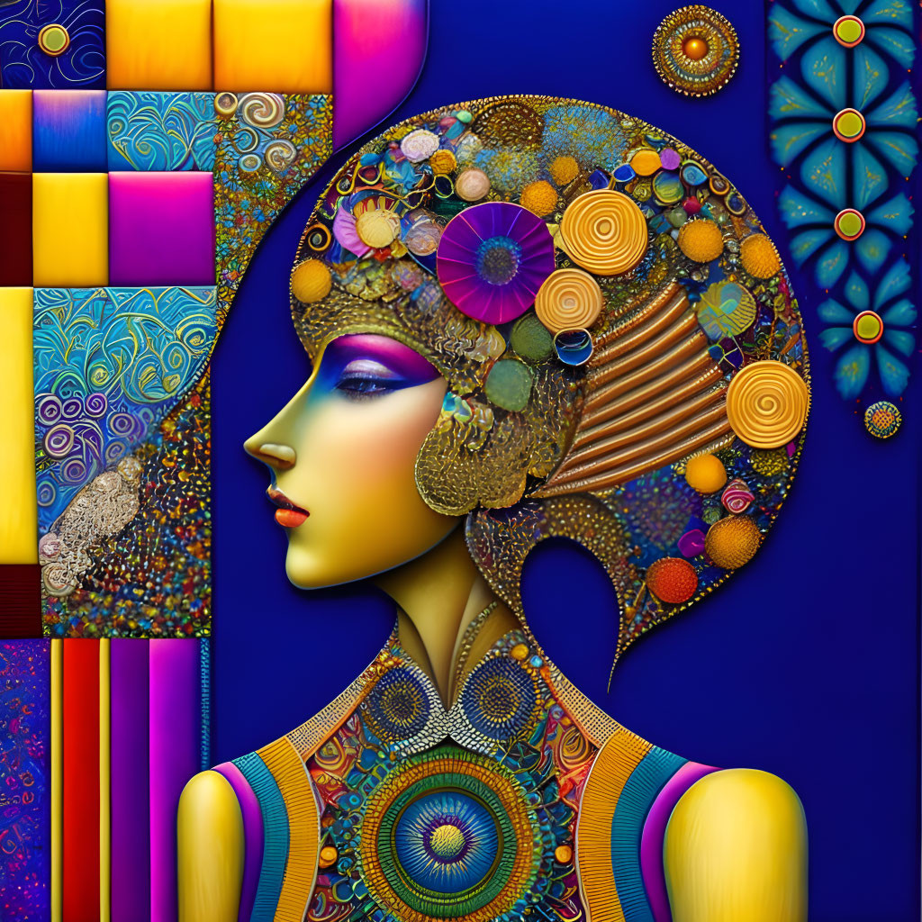 Colorful digital artwork: Woman's profile with intricate patterns.