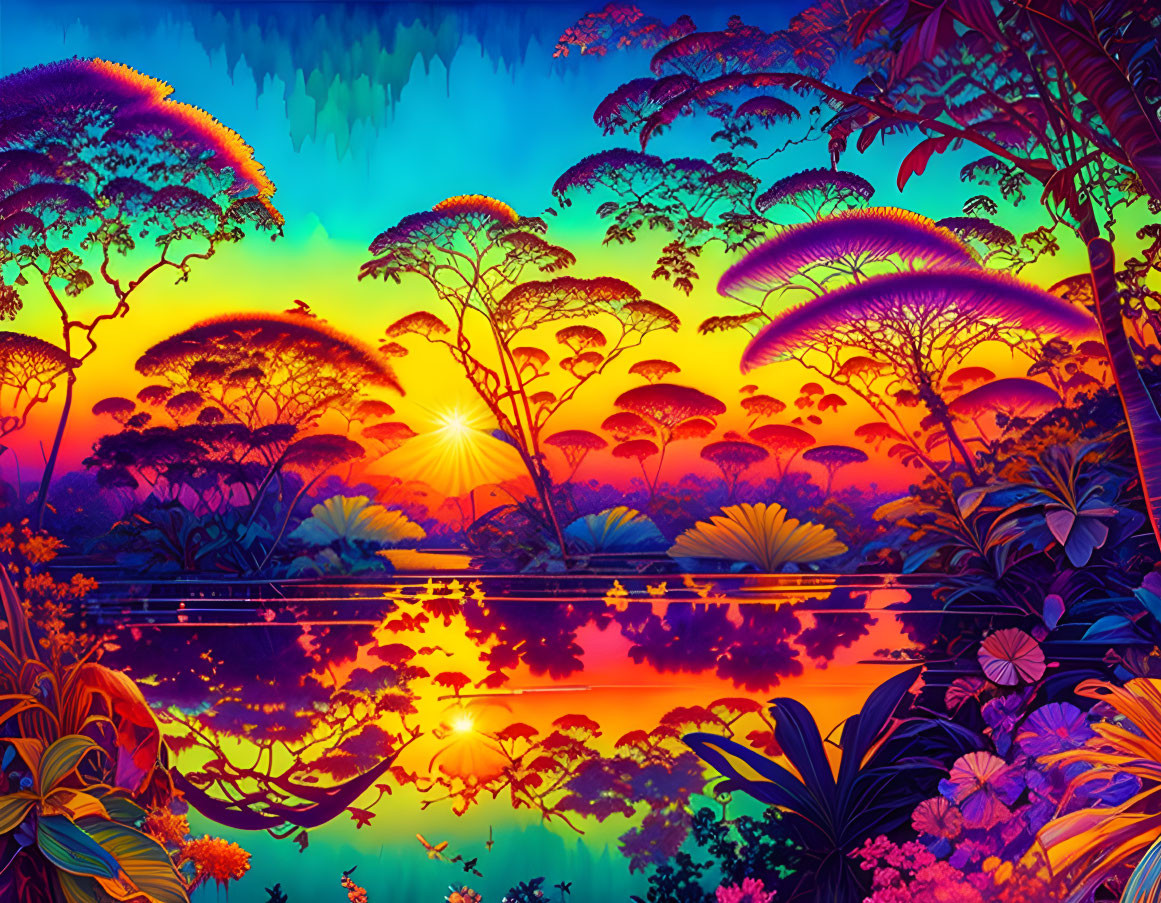 Colorful Tropical Forest Sunset Reflection Artwork