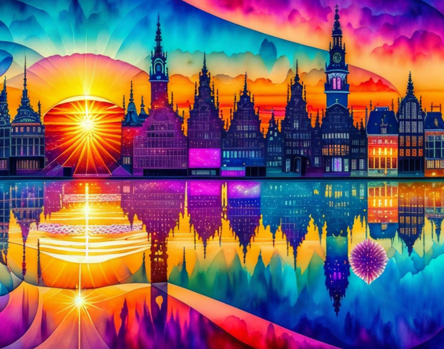 Colorful European Cityscape Sunset Reflection Artwork