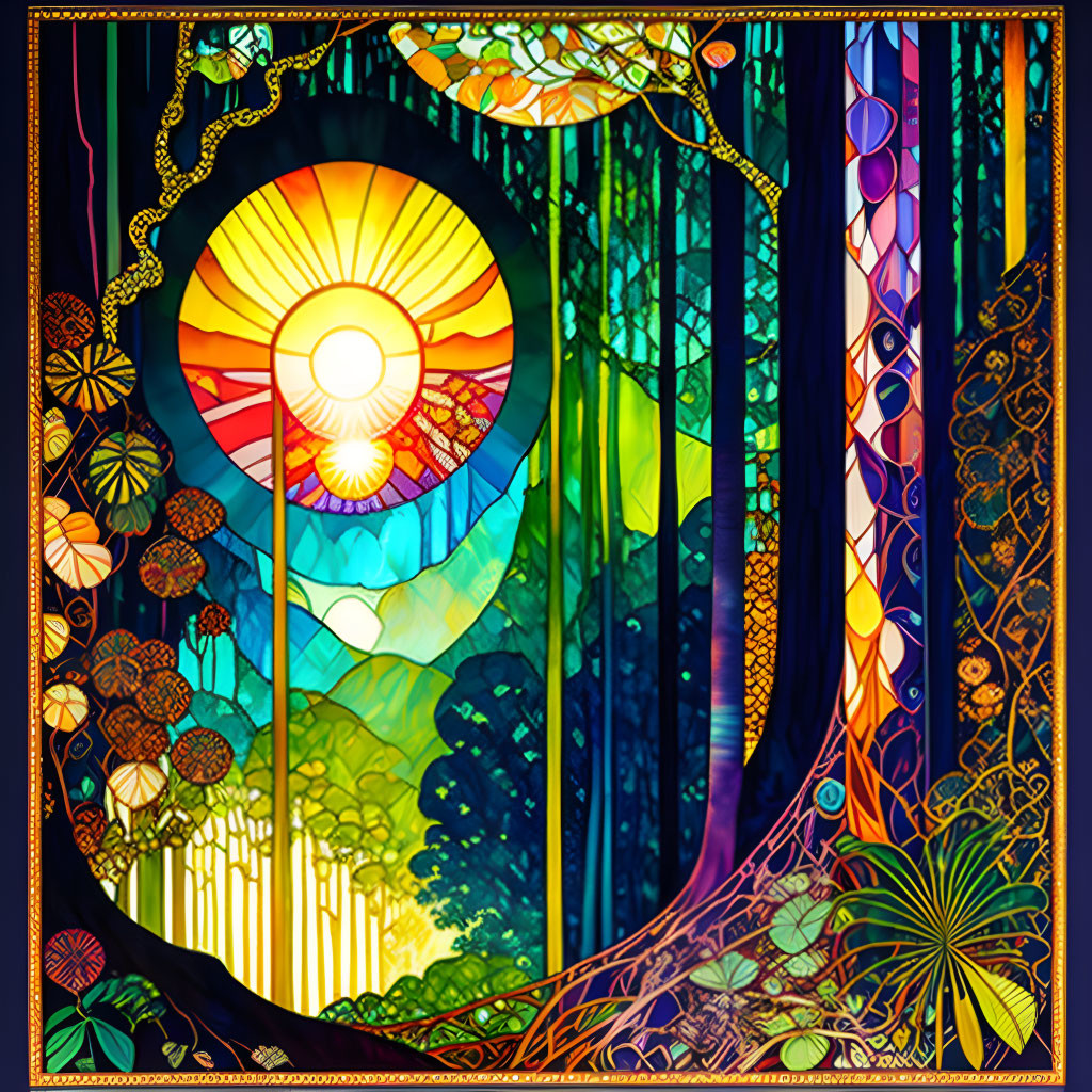 Colorful Stained Glass-Style Sun & Forest Illustration