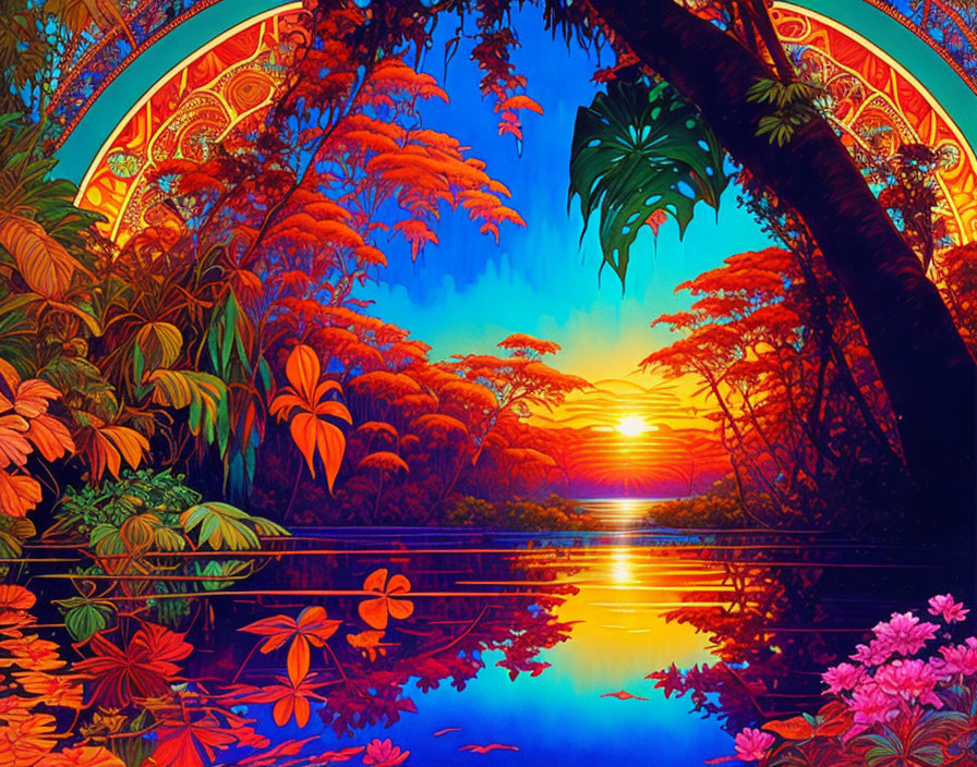 Colorful Psychedelic Jungle Sunset Reflection in Water with Ornate Arches