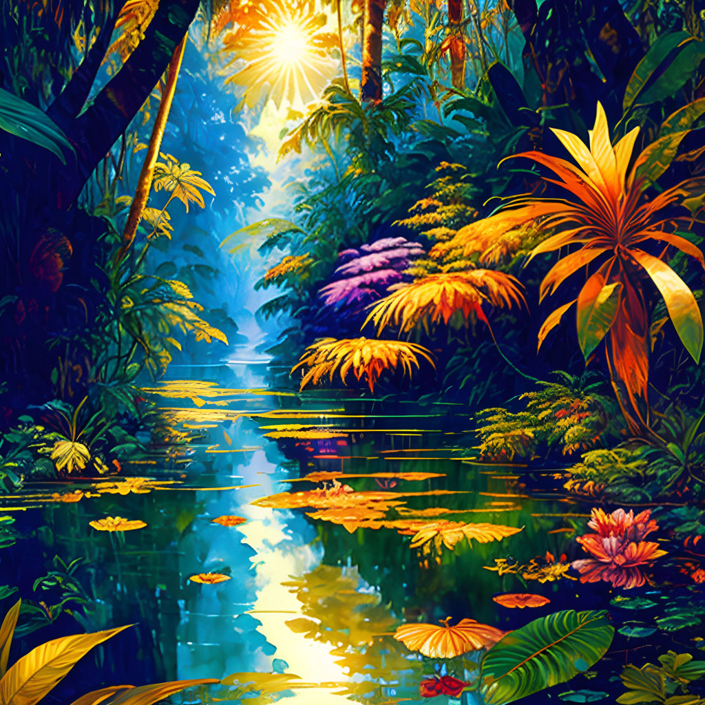 Lush Jungle Scene with River and Colorful Foliage