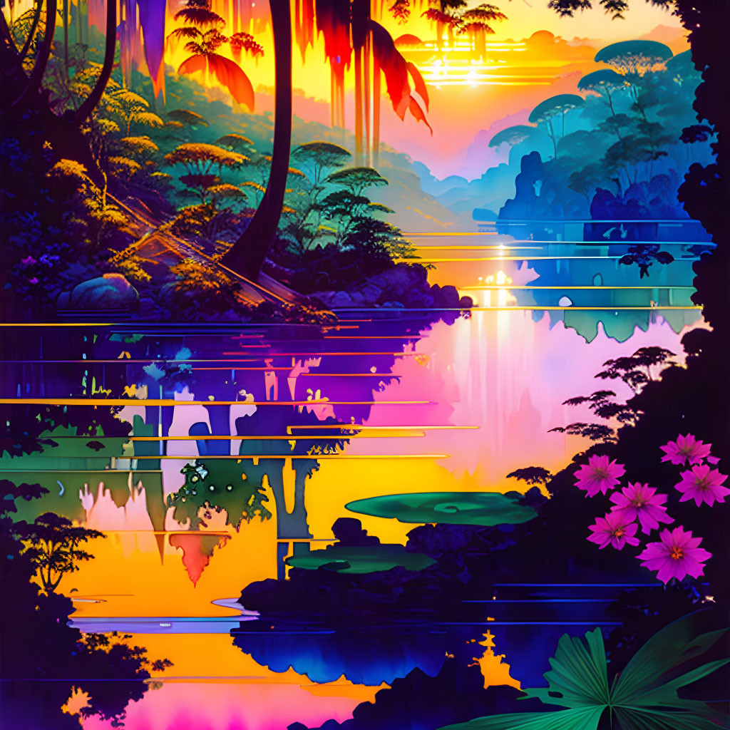 Colorful Jungle Sunset Artwork with Reflective Water