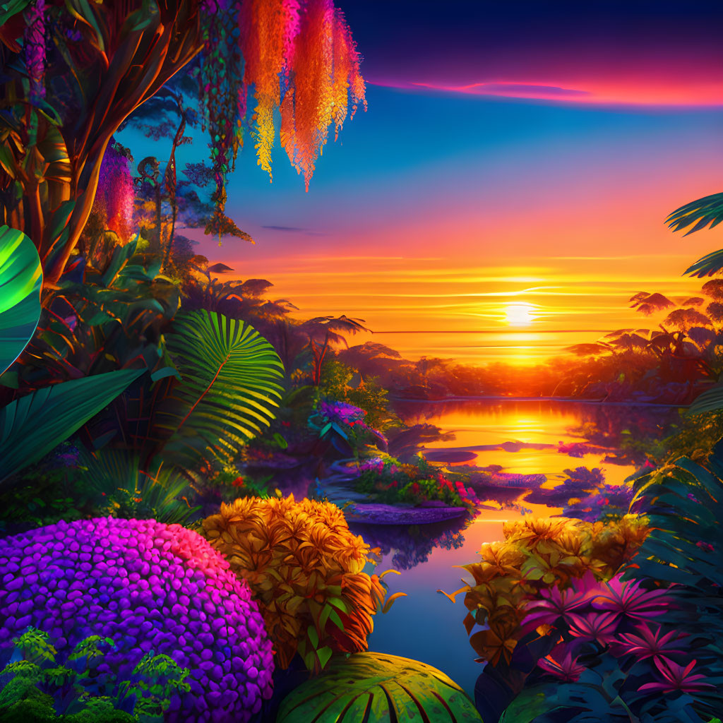 Colorful Tropical Sunset Landscape with River and Foliage