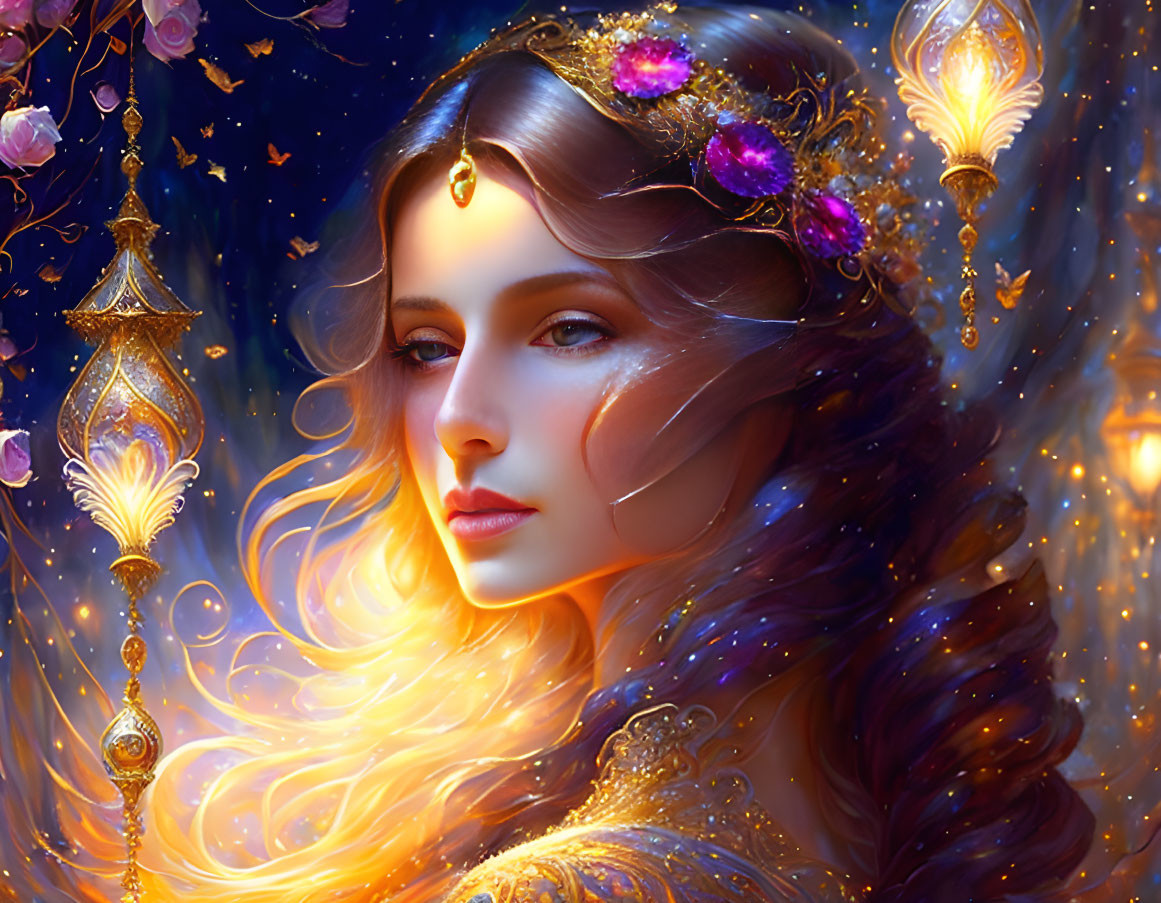 Illustrated ethereal woman in golden crown amid glowing lanterns and cherry blossoms