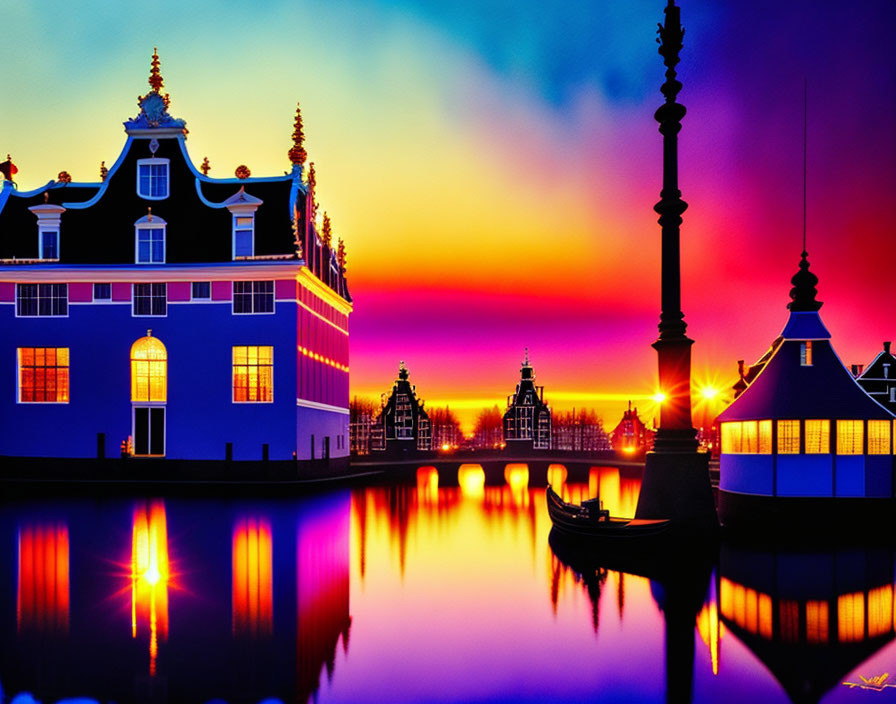 Colorful digital artwork: Dutch canal, traditional houses, boat, sunset reflection.